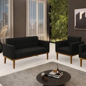 Conjunto Poltrona E Namoradeira Decorativas Pés Fixo Em Madeira Castanho Suede Preto