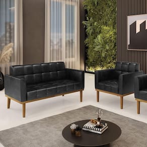Conjunto Poltrona E Namoradeira Decorativas Pés Fixo Em Madeira Castanho Pu Preto Brilho