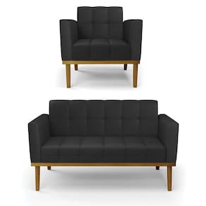 Conjunto Poltrona E Namoradeira Decorativas Pés Fixo Em Madeira Castanho Pu Preto
