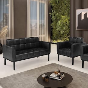 Conjunto Poltrona E Namoradeira Decorativa Pés Fixo Em Madeira Pu Preto Brilho