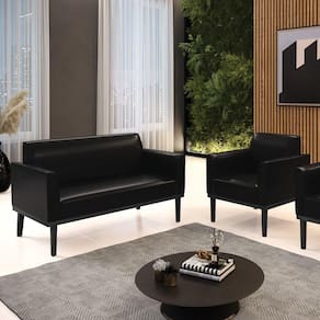 Conjunto Poltrona E Namoradeira Decorativa Pés Fixo Em Madeira Pu Preto Brilho