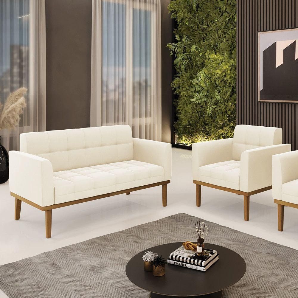 Conjunto Poltrona E Namoradeira Decorativas Pés Fixo Em Madeira Castanho Veludo Bege