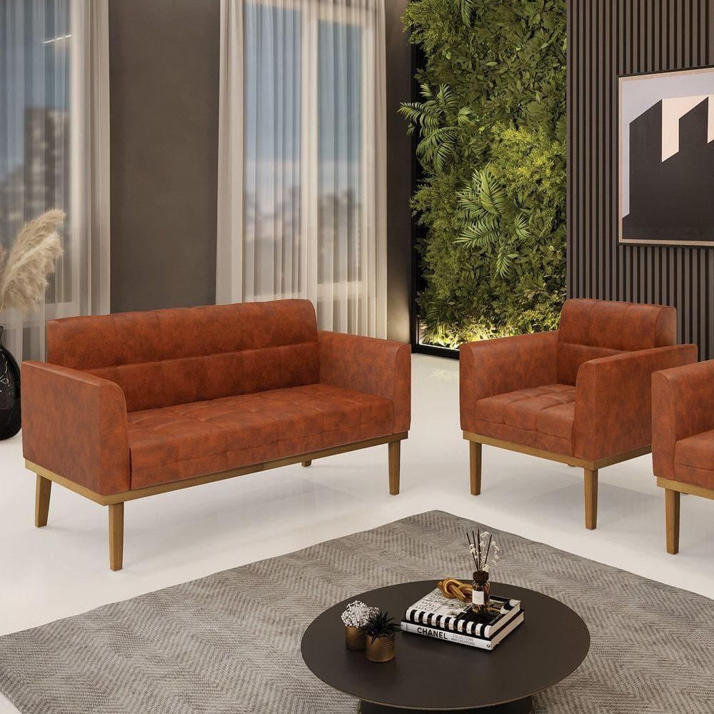 Conjunto Poltrona E Namoradeira Decorativas Pés Fixo Em Madeira Castanho Pu Nozes