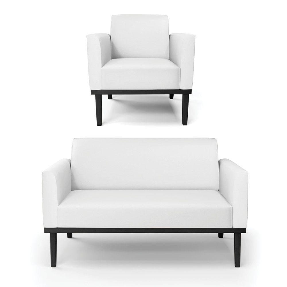 Conjunto Poltrona E Namoradeira Decorativa Pés Fixo Em Madeira Preto Pu Branco