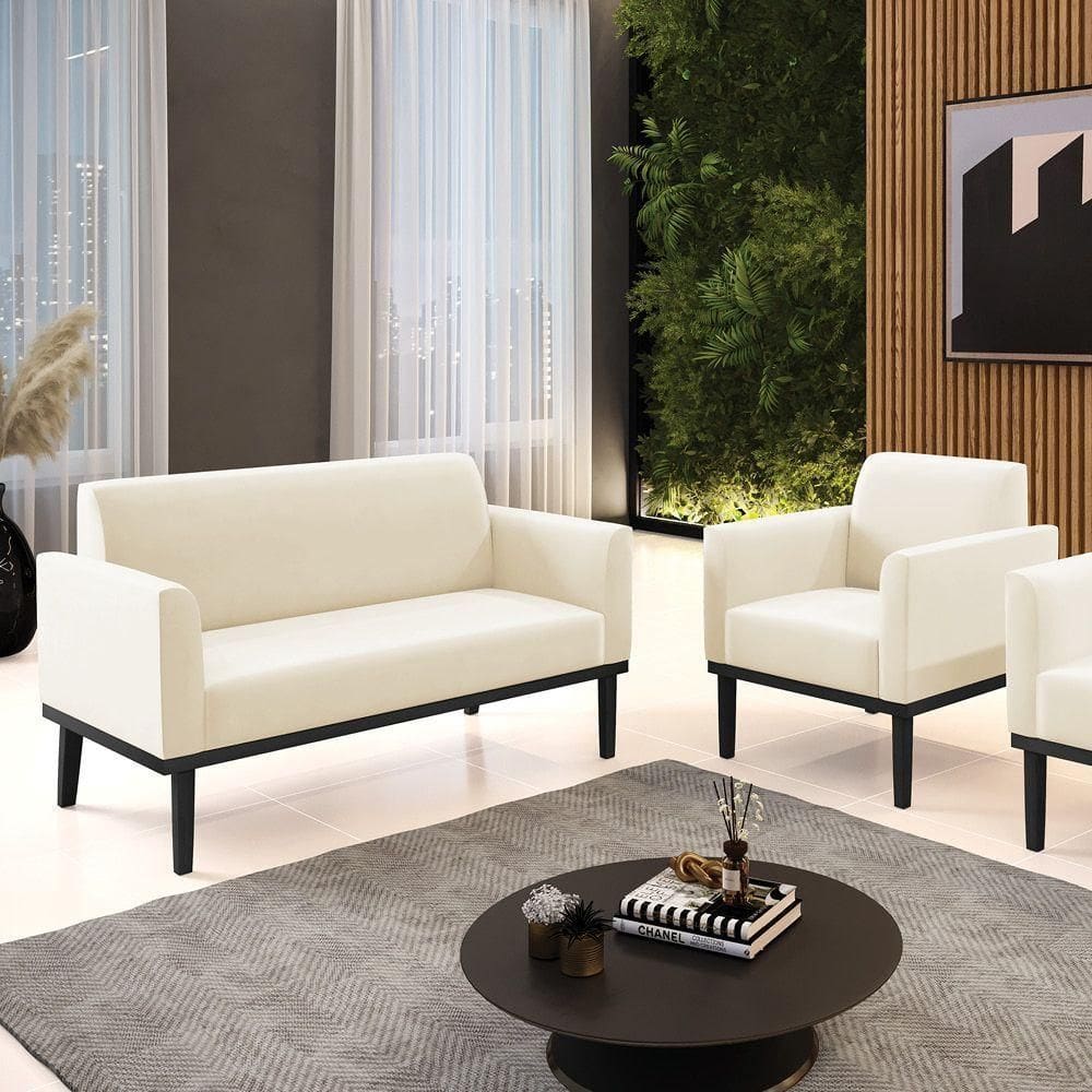 Conjunto Poltrona E Namoradeira Decorativa Pés Fixo Em Madeira Preto Veludo Bege