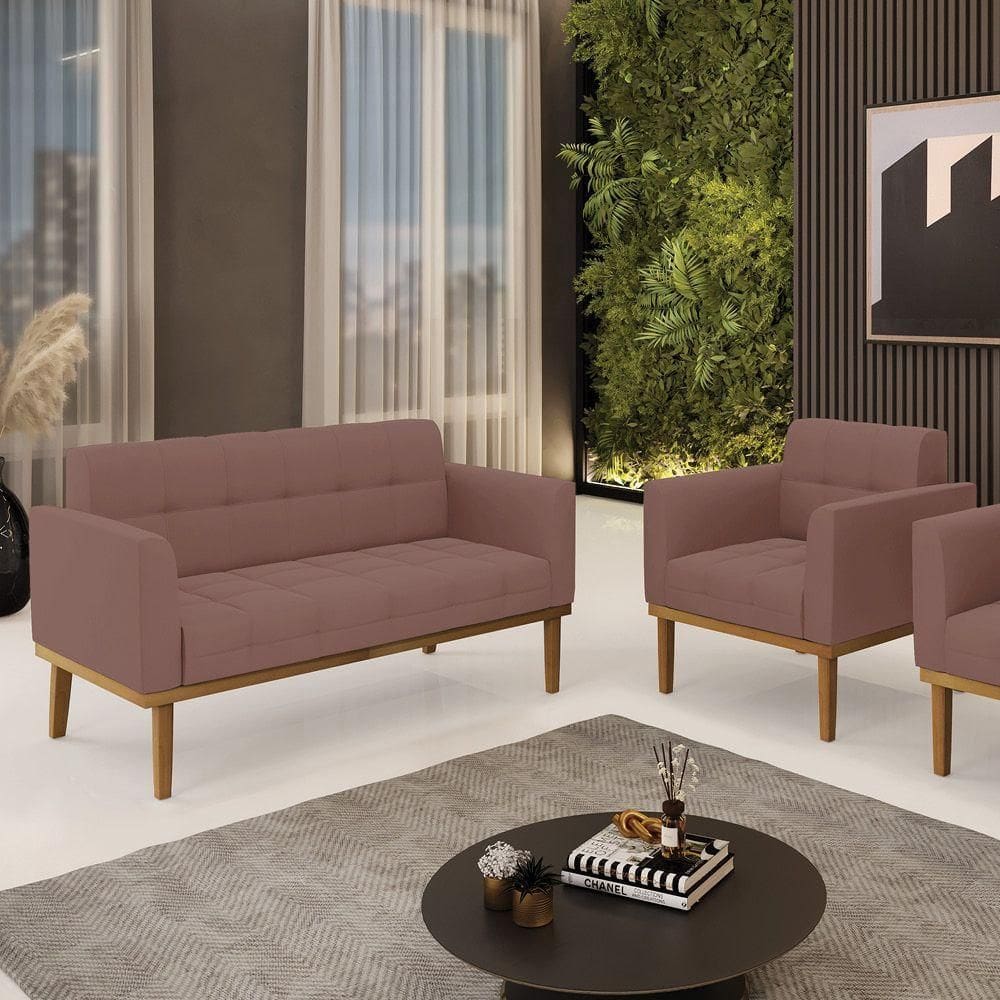 Conjunto Poltrona E Namoradeira Decorativas Pés Fixo Em Madeira Castanho Veludo Rose