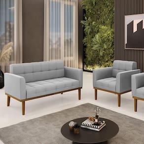 Conjunto Poltrona E Namoradeira Decorativas Pés Fixo Em Madeira Castanho Suede Cinza