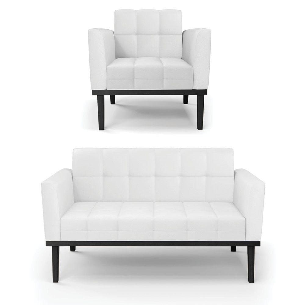Conjunto Poltrona E Namoradeira Decorativa Pés Fixo Em Madeira Preto Pu Branco