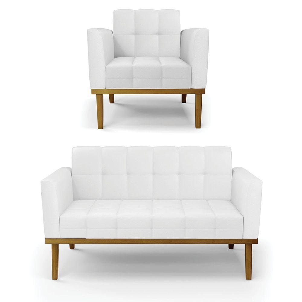 Conjunto Poltrona E Namoradeira Decorativas Pés Fixo Em Madeira Castanho Pu Branco