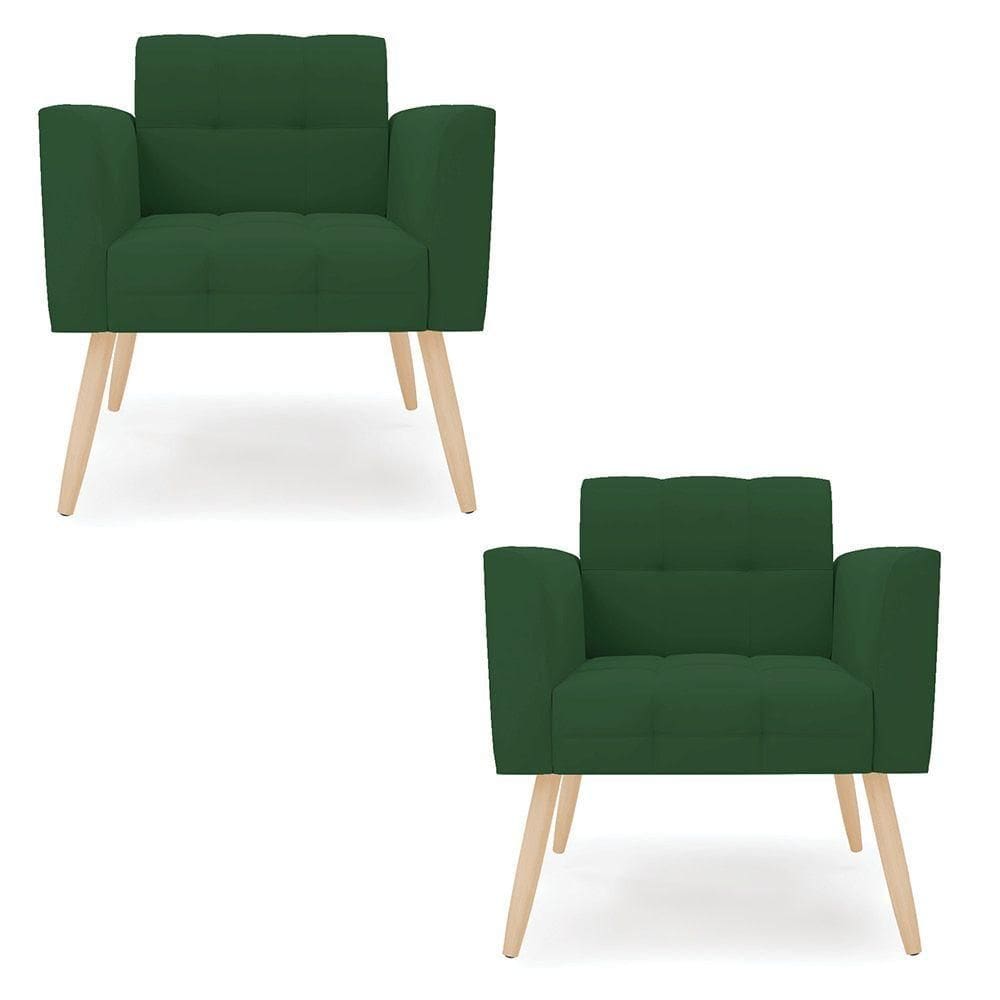 Kit 2 Poltronas Elisa Veludo Pés Palito Natural - D`rossi Cor Verde