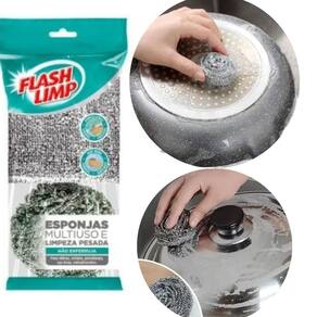 Kit 2 Esponjas Aço Inox e Poliéster Limpeza Pesada FlashLimp