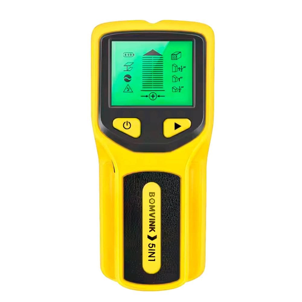 Detector 5 em 1 com tela digital, alerta de corrente, modos para madeira, metal e fiação elétrica – precisão profissional