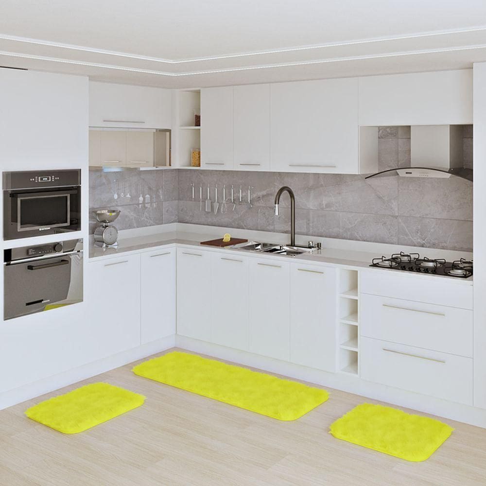 Jogo Kit Tapete Cozinha Anti Derrapante 3 Uni Amarelo