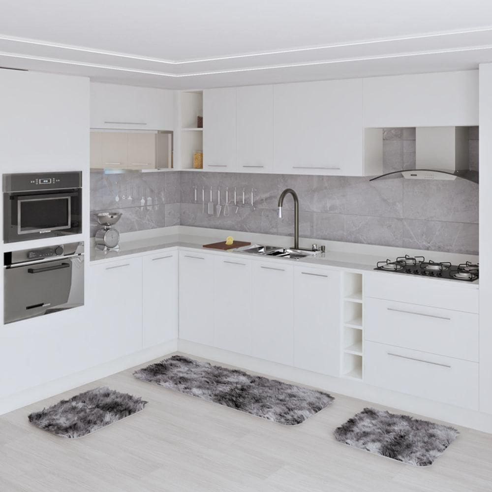 Jogo Kit Tapete Cozinha Anti Derrapante 3 Uni Mesclado Cinza