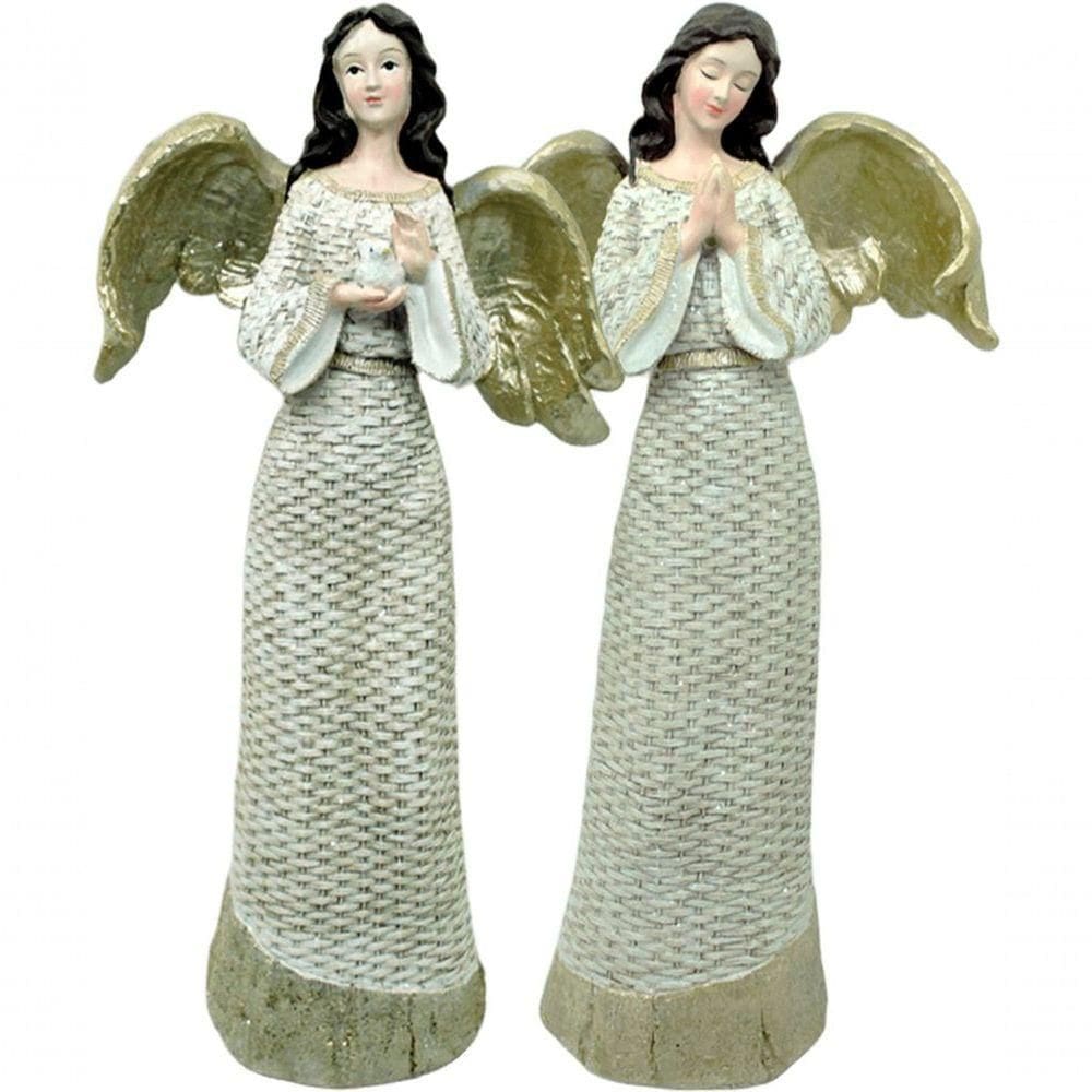 Dupla Anjos Decoração Em Resina Glitter Branco Natal De 38cm