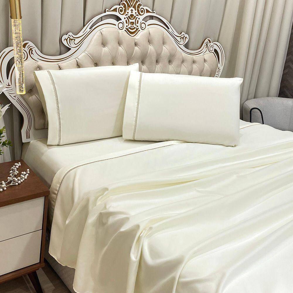 Jogo De Cama Lençol King Realce Percal 400 Fios 3 Peças - Palha