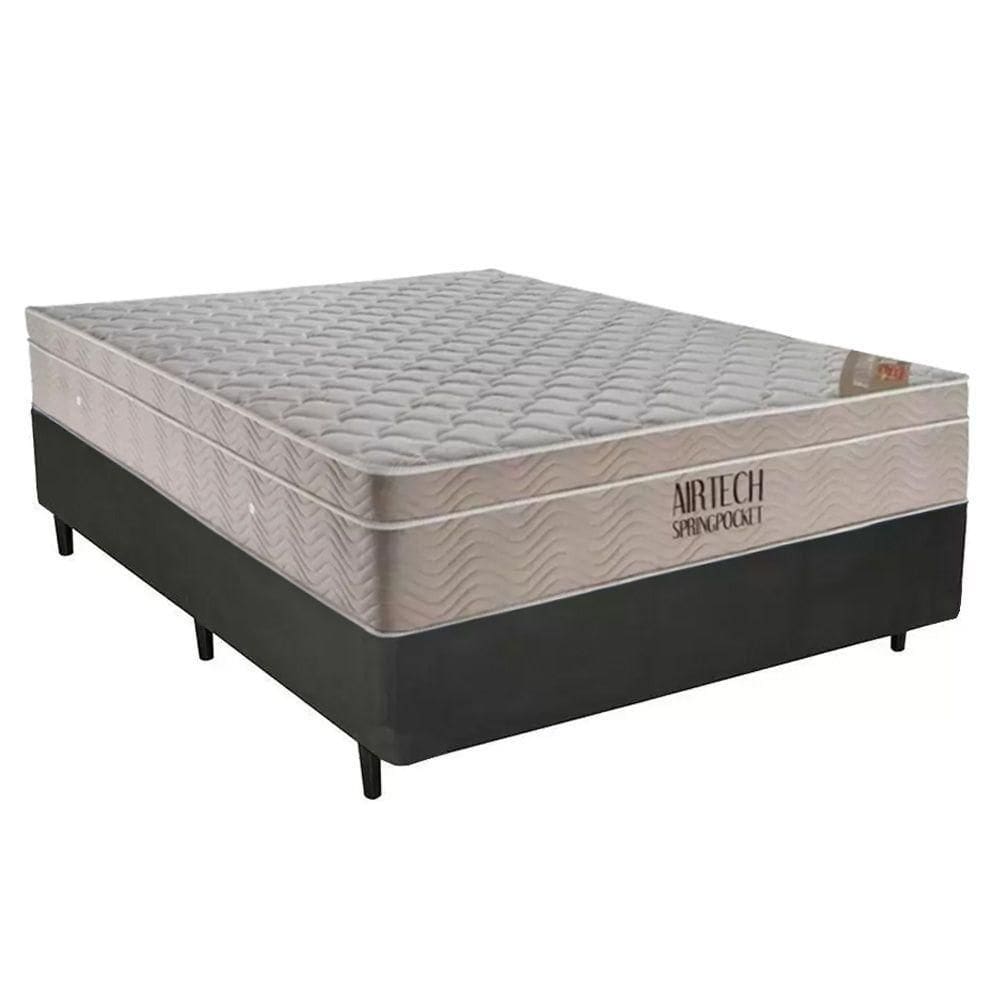 Cama Box Casal Sintético + Colchão Ortobom Airtech Molas Ensacadas 138x188x65 Cinza