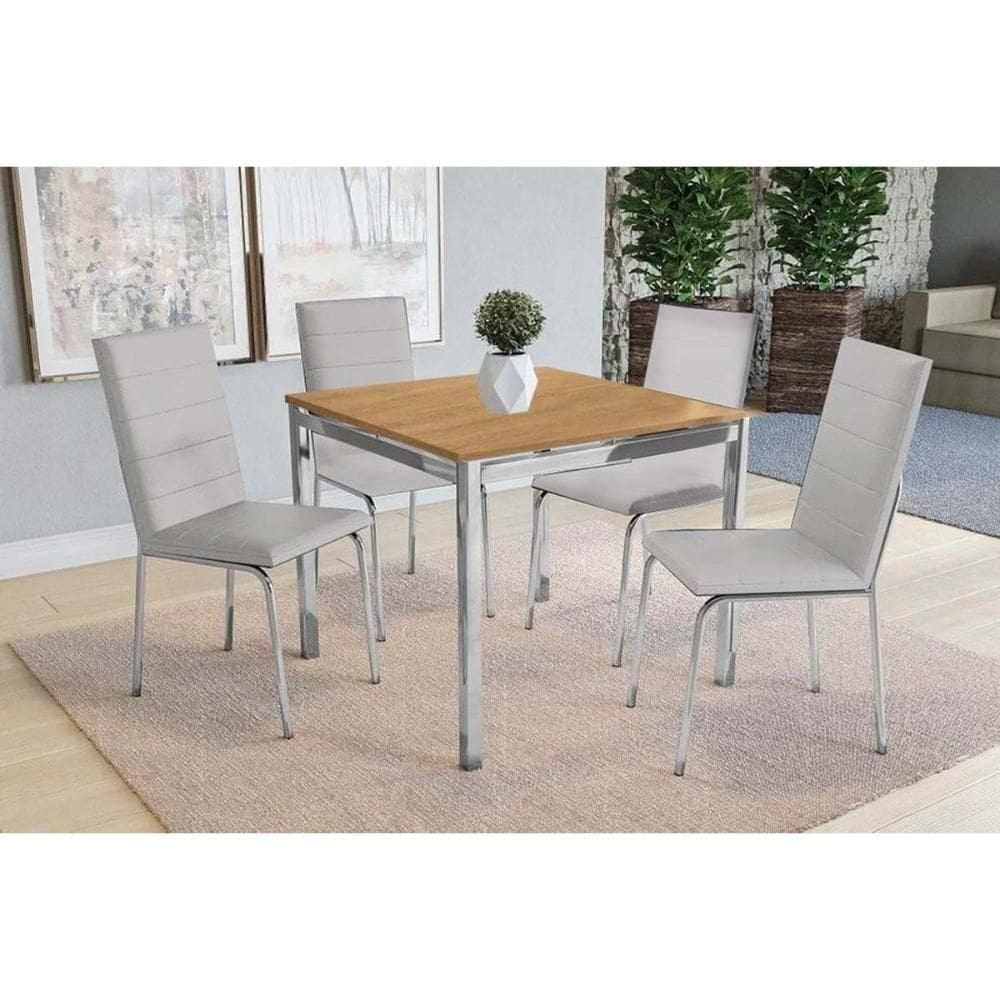 Sala De Jantar Reno C- Tampo De Madeira 90cm + 4 Cadeiras Cromada-branco 106