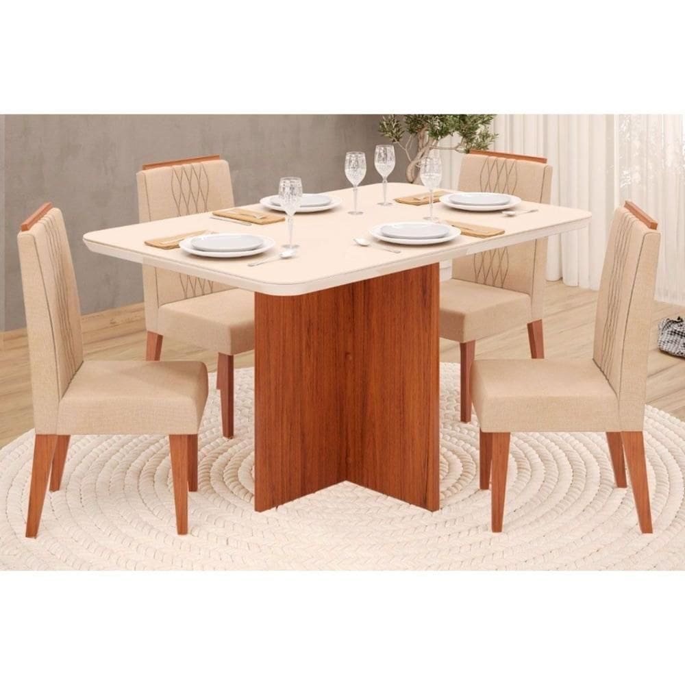 Sala De Jantar Completa Hera Com Tampo Madeirado Com Vidro 120x90cm E 4 Cadeiras Lia Freijó-suede Kraft - Dj Móveis