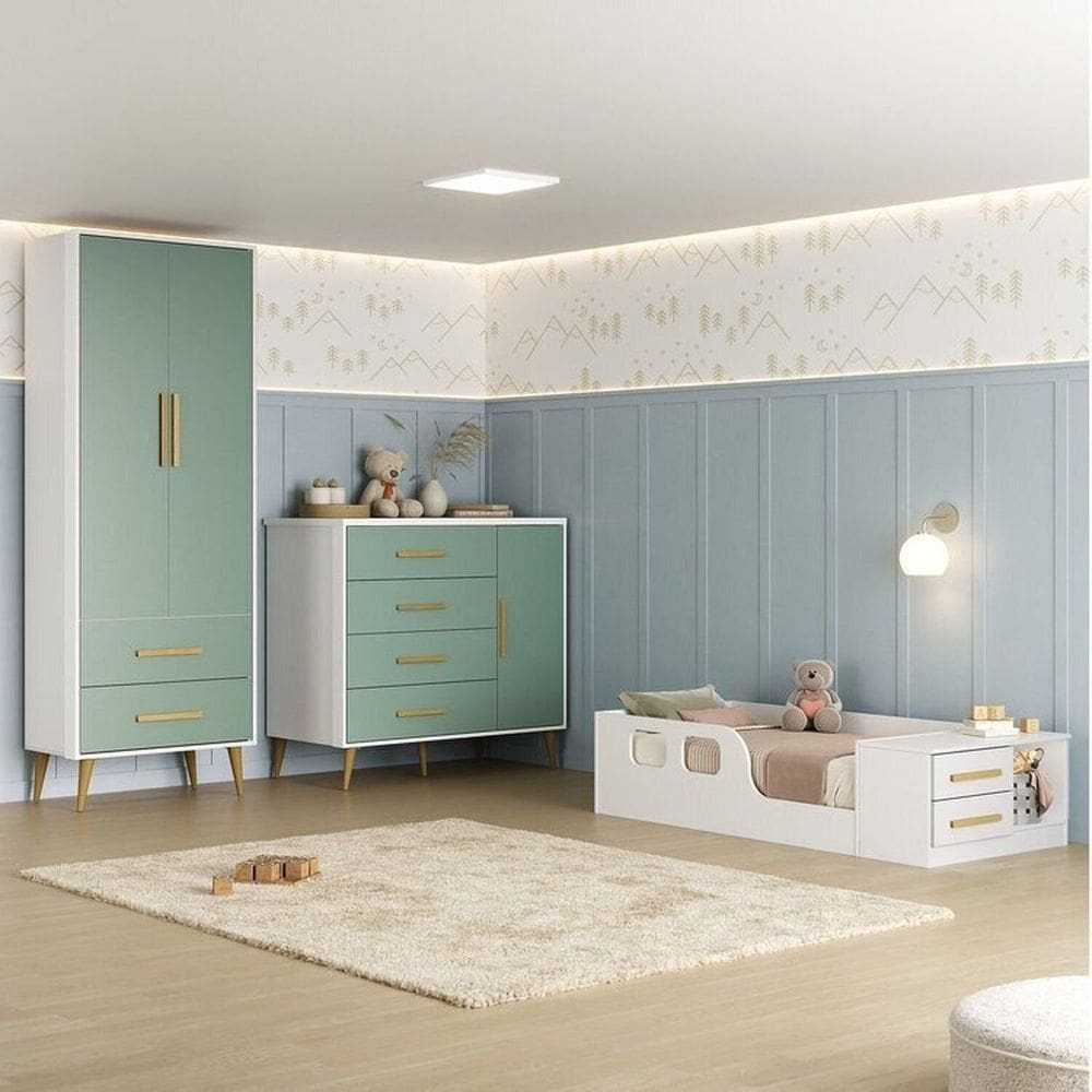 Quarto Infantil com Guarda-Roupa 2 Portas 2 Gavetas com Cômoda e Cama Magia Espresso Móveis Branco/Verde