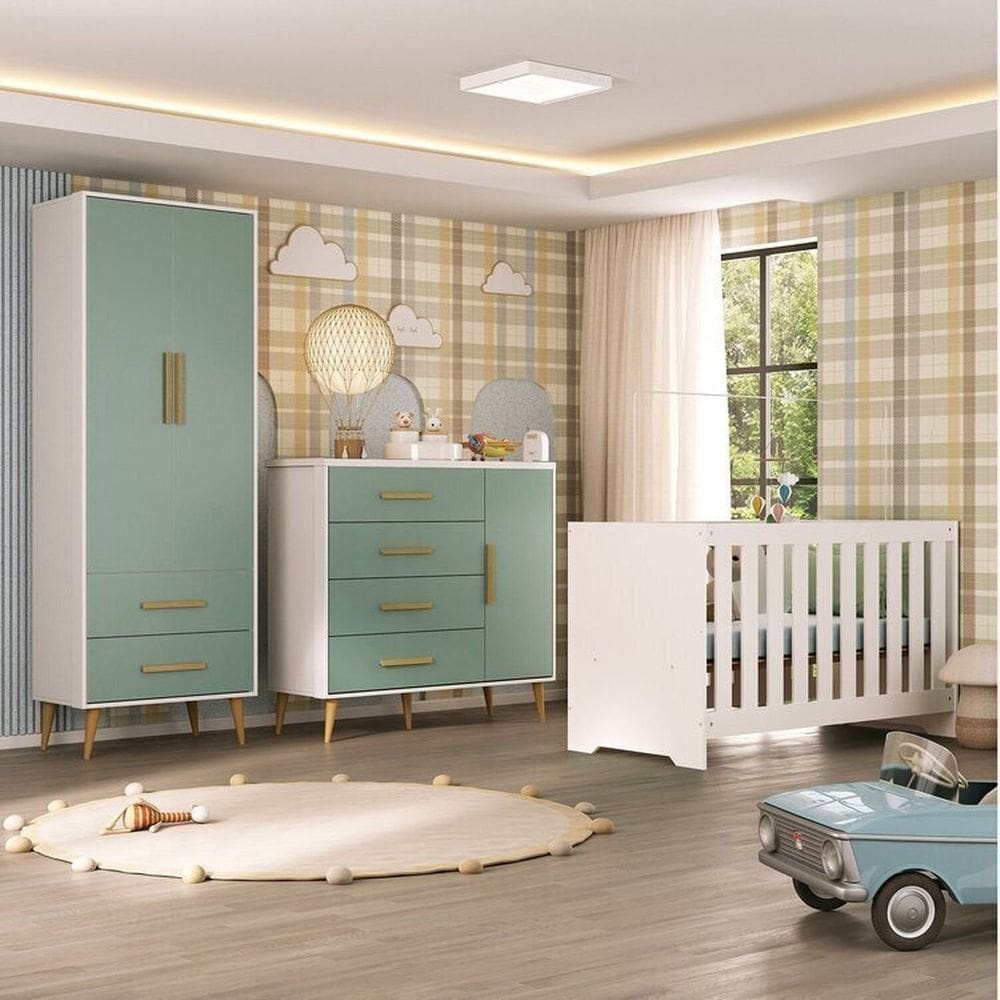 Quarto Infantil com Guarda-Roupa 2 Portas 2 Gavetas com Cômoda e Berço Magia Espresso Móveis Branco/Verde