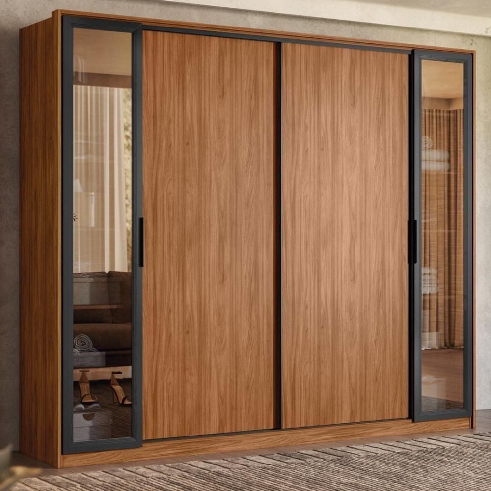 Guarda Roupa Casal 4 Portas Vidro Reflecta E 4 Gavetas Laredo Nogueira-preto Prime Tx