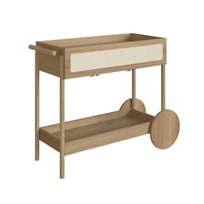 Carrinho Bar 1 Gaveta Oslo Artesano 112 Cm Largura Mdp Hanover Palha Sintética Bege Pé Madeira Maciça