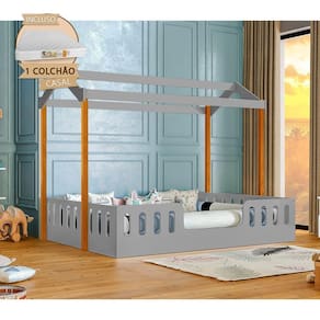 Cama Infantil Com Colchão Casal Casinha Segura Montessoriana ágatha Cinza E Mel