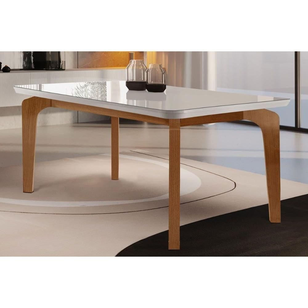 Mesa Para Cozinha Londrina C-tampo Madeirado Vidro Canto Curvo 180x90cm Off White-imbuia-vidro Off White - Rufato