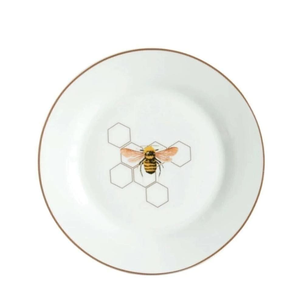 Prato Bolo Para Sobremesa Abelha Em Porcelana 19cm Branco