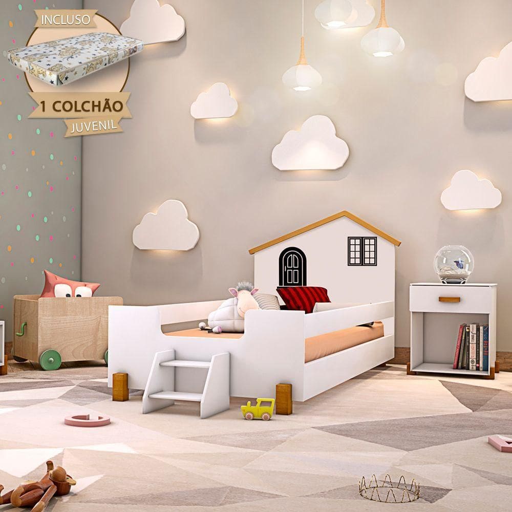 Cama Montessoriana Infantil Juvenil Belissima Preta - Branca E Mel + Colchão - Branco