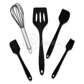 Kit 5 Utensílios Jogo De Cozinha Peças De Silicone Espátulas Batedor Manual E Pincel - Preto