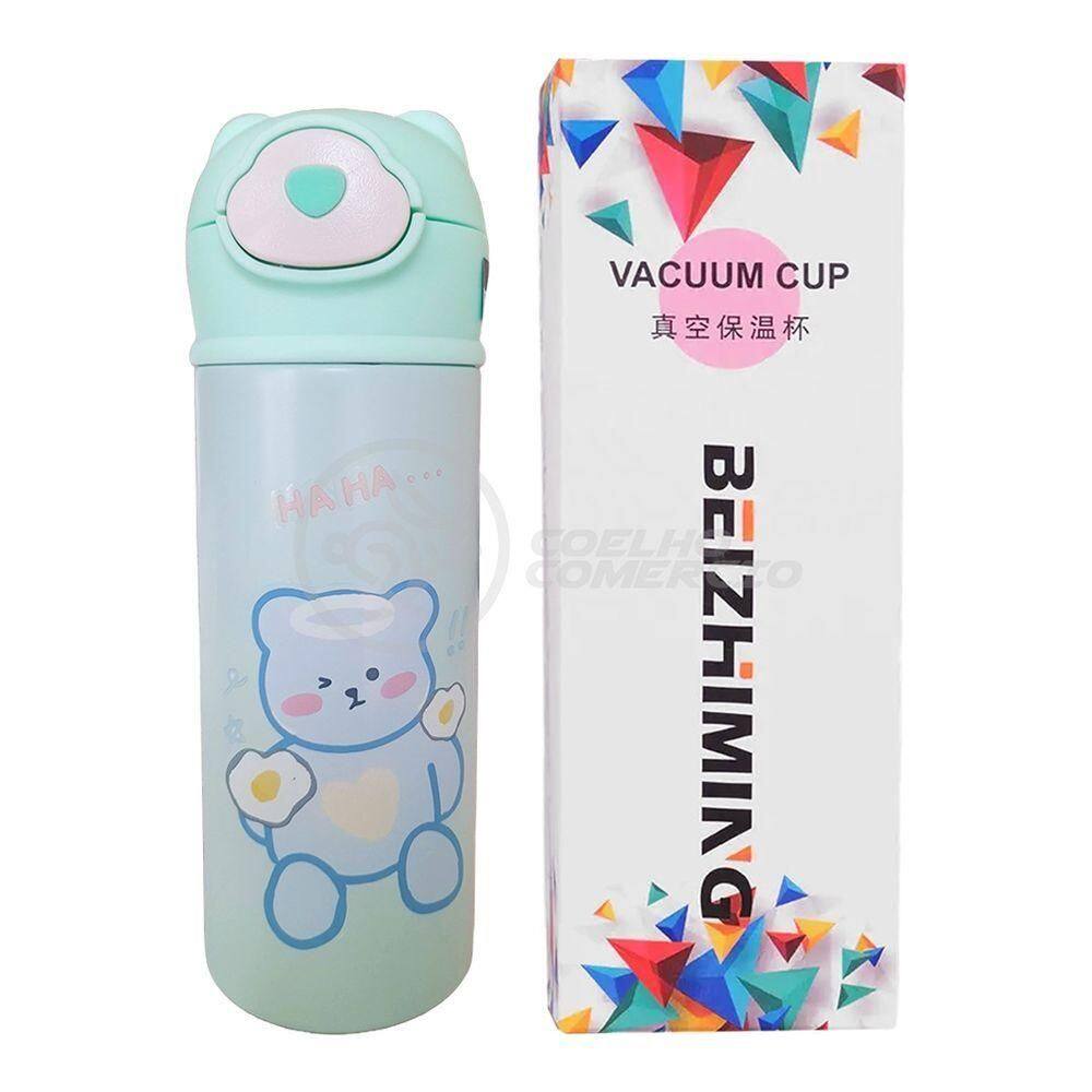 Garrafa Térmica De Ursinho Verde Infantil 420ml Com Trava De Tampa E Canudo De Silicone