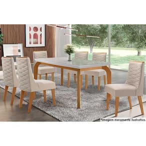 Sala De Jantar Completa Londrina Com Tampo Madeirado Com Vidro 180x90cm E 6 Cadeiras Dafne Capuccino-suede Creme - Rufato
