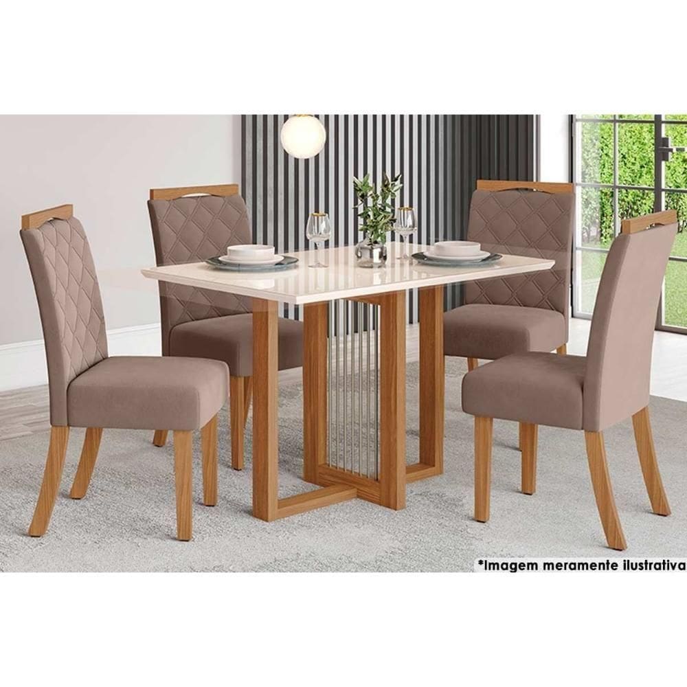 Sala De Jantar Natalí C- Tampo C- Vidro Reto 120x80cm E 4 Cadeiras Bella Nature-marrom Amêndoa