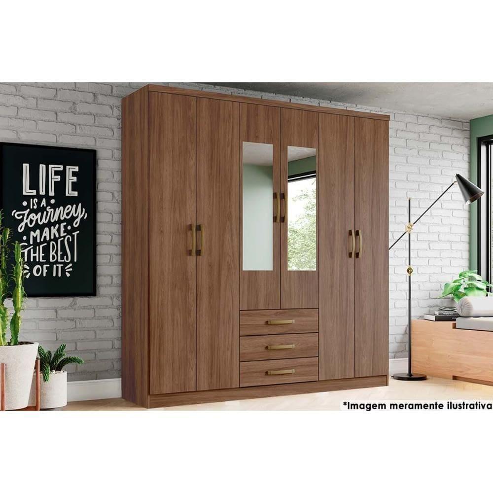 Guarda Roupa Solteiro 6 Portas E 3 Gavetas C- Espelho Caju Da136 Castanho