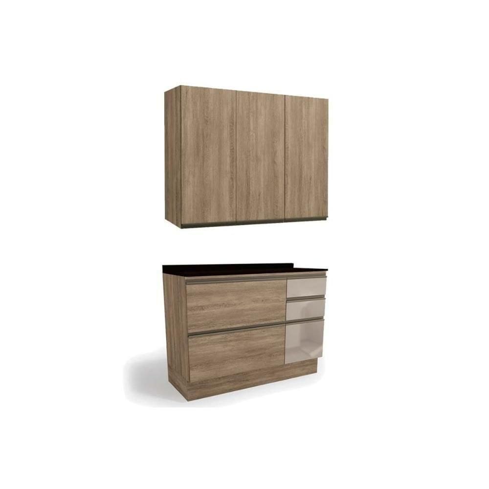 Cozinha Maxxi 3 Peças (1 Aéreo + 1 Balcão + 1 Complemento) C3p12 Nogal-preto