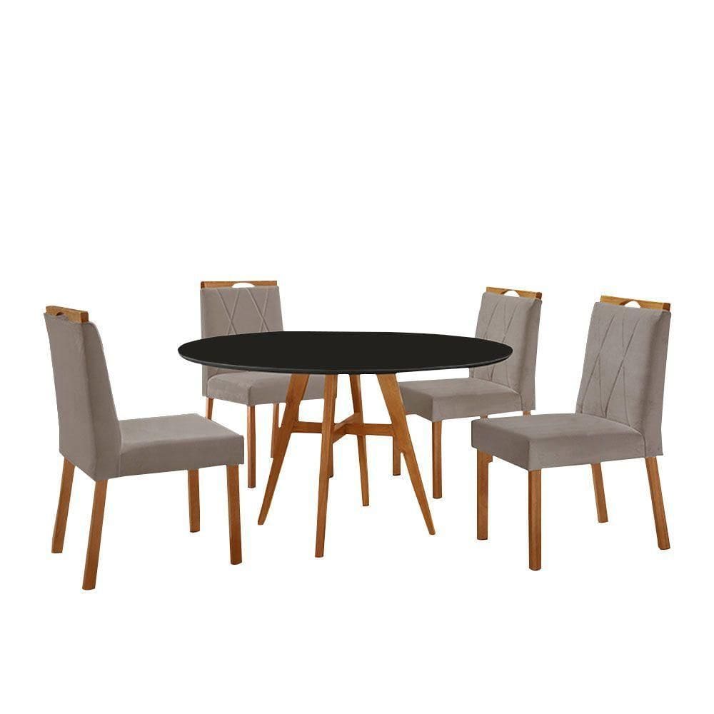 Conjunto Sala De Jantar Mesa Atenas Madeira Maciça 110cm Tampo Redondo Vidro Preto Com 4 Cadeiras Bela Veludo Cinza