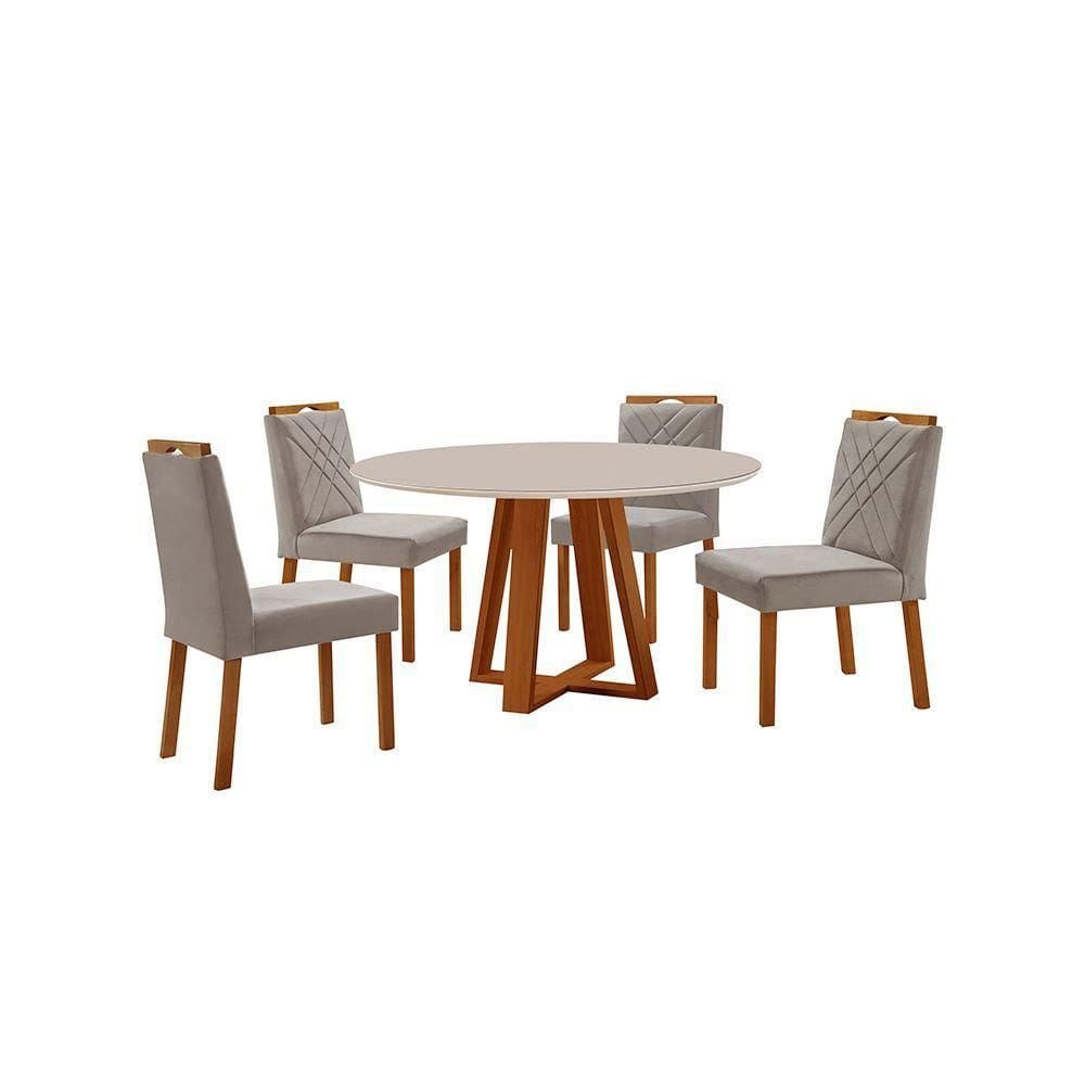 Conjunto Sala De Jantar Mesa Floripa 110cm Tampo Redondo Vidro-mdf Off White Com 4 Cadeiras Dallas Veludo Cinza