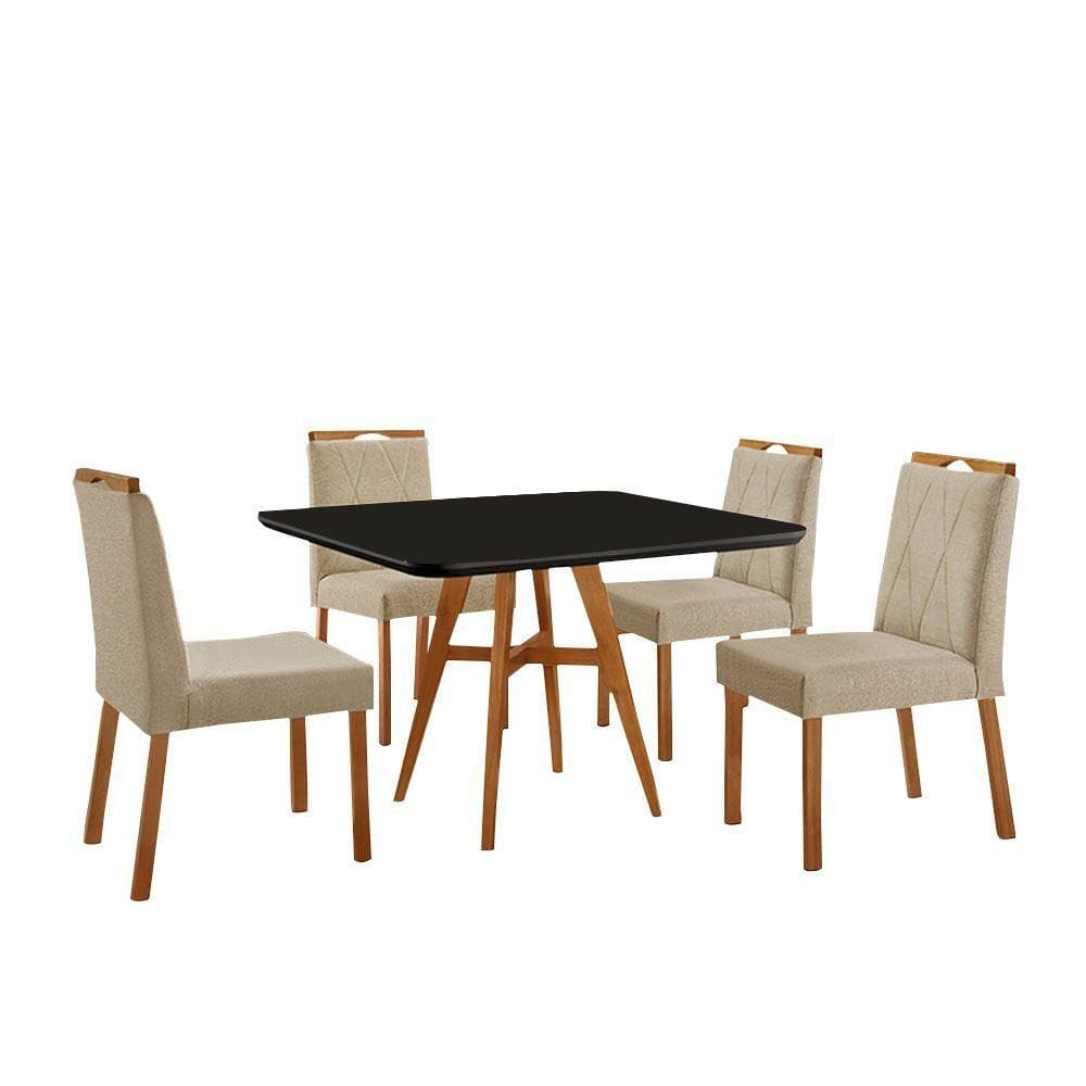 Conjunto Sala De Jantar Mesa Atenas Madeira Maciça 90x90cm Tampo Quadrado Vidro Preto Com 4 Cadeiras Bela Linho Bege