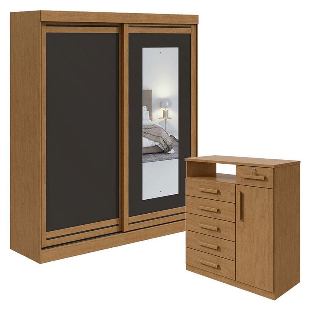 Guarda Roupa Solteiro Lani com Espelho e Cômoda Da Vinci Amêndoa Clean Preto Flex - Lopas