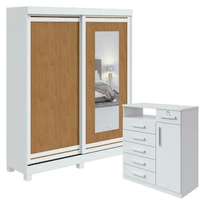 Guarda Roupa Solteiro Lani com Espelho e Pés Cômoda Da Vinci Branco Amêndoa Clean Flex - Lopas