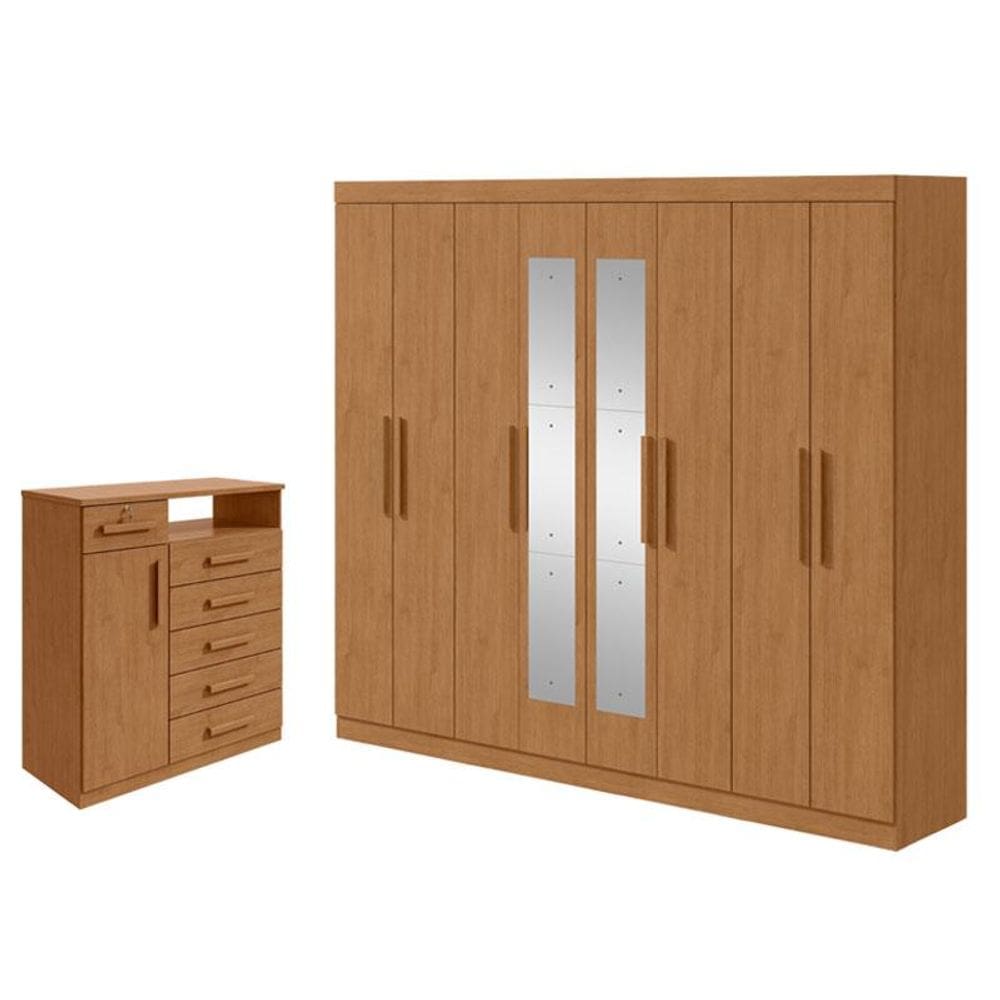 Guarda Roupa Casal Andara Soft com Espelho e Cômoda Sapateira Da Vinci Amêndoa Clean – Lopas