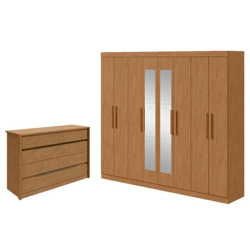 Guarda Roupa Casal Andara Soft com Espelho e Cômoda Gaveteiro Urban Amêndoa Clean – Lopas