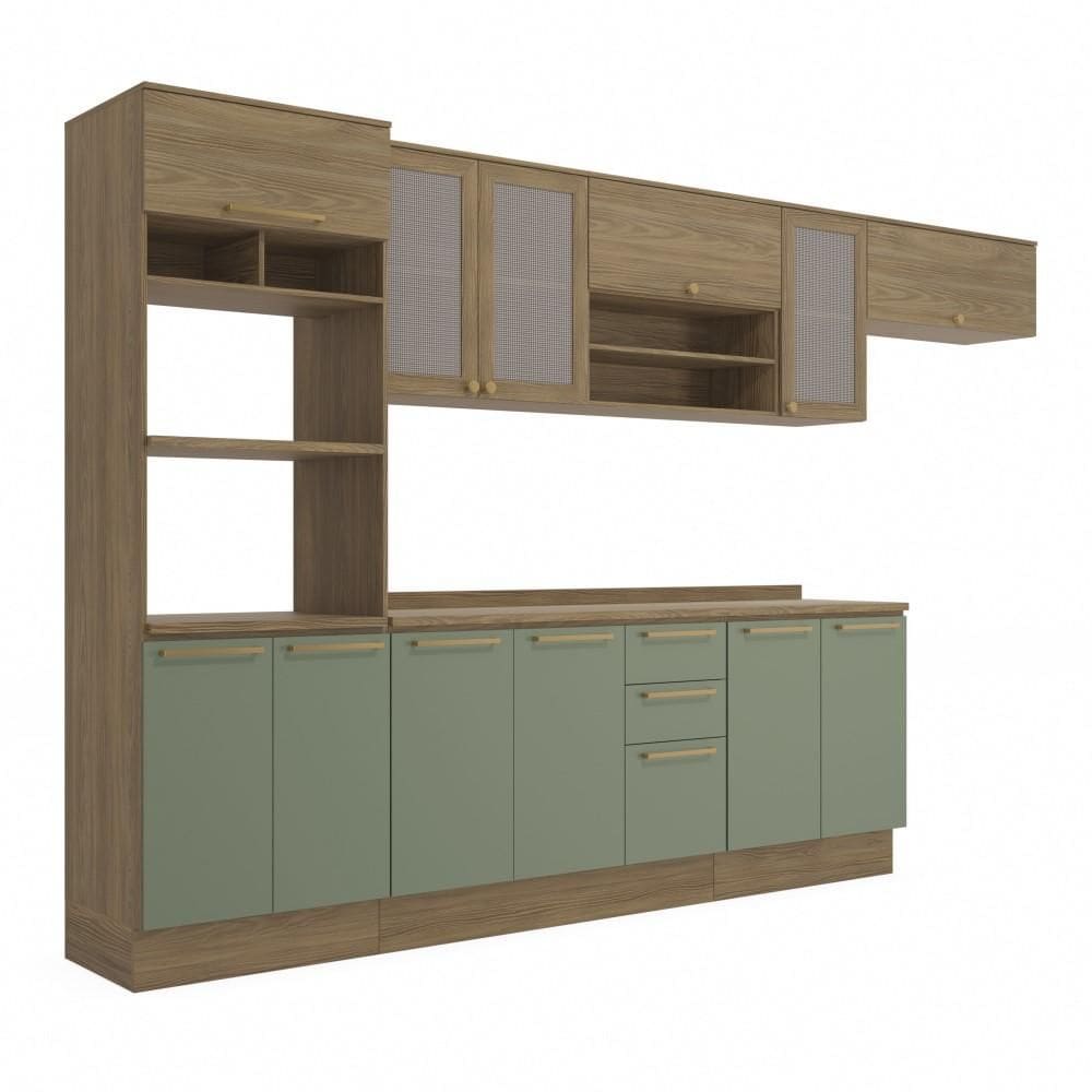 Cozinha Completa 6 Peças com Armário e Balcão Kappesberg Botânic 360cm Nogueira/Verde Oliva - CB869