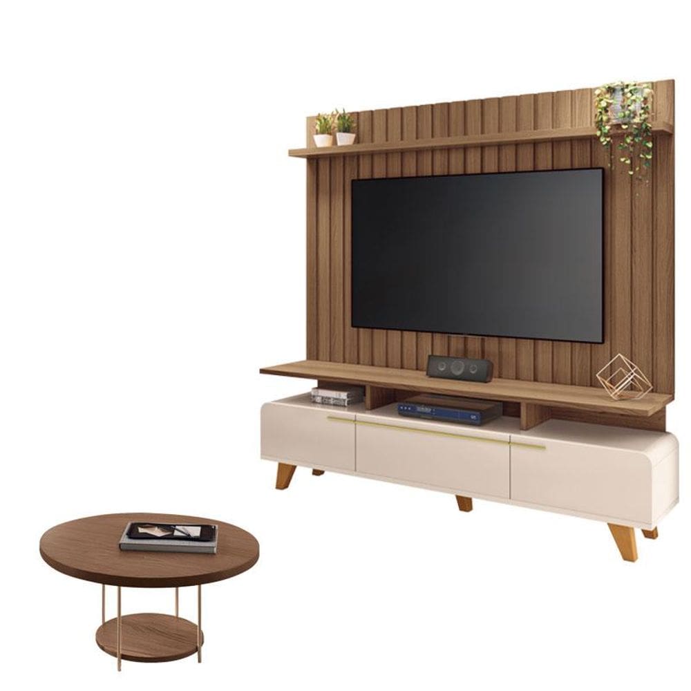 Rack Bancada Essenza e Painel Link 2.0  com Mesa de Centro Sky Off White Castanho - HB Móveis