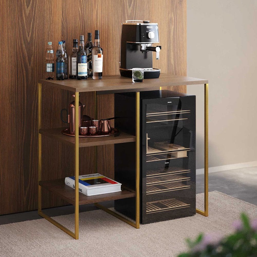 Aparador Adega Industrial Bar Barzinho Bourbon Aço Dourado e Carvalho 80 Cm
