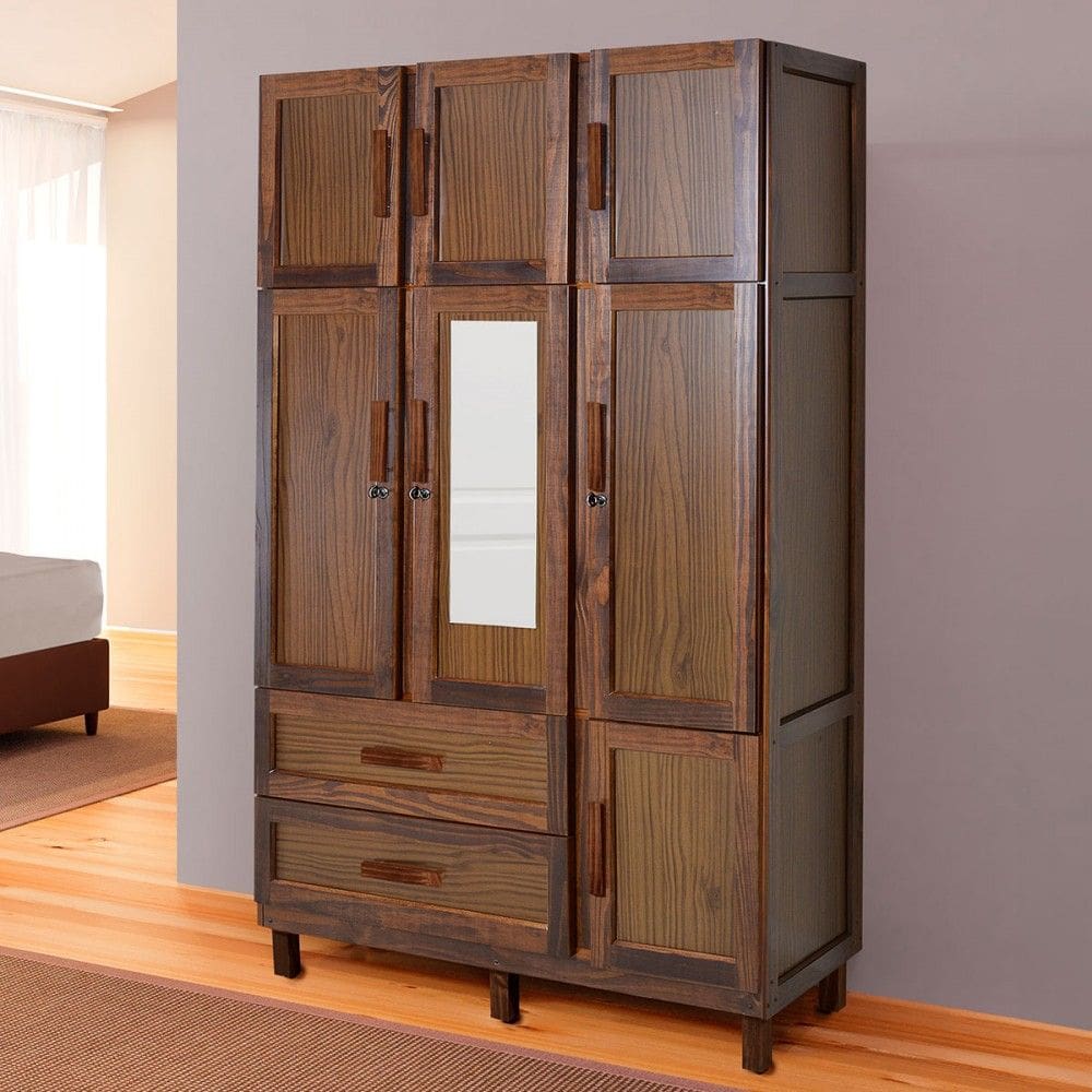 Guarda-Roupa Solteiro Petersburgo Madeira Maciça 7 Portas 2 Gavetas 2 Prateleiras com Espelho Imbuia Naturall - Pnr Móveis