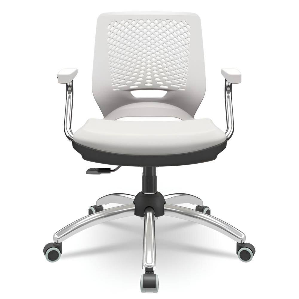 Cadeira Beezi Giratoria Vinil Branco Base E Braço Cromada Regulador Encosto - Plaxmetal