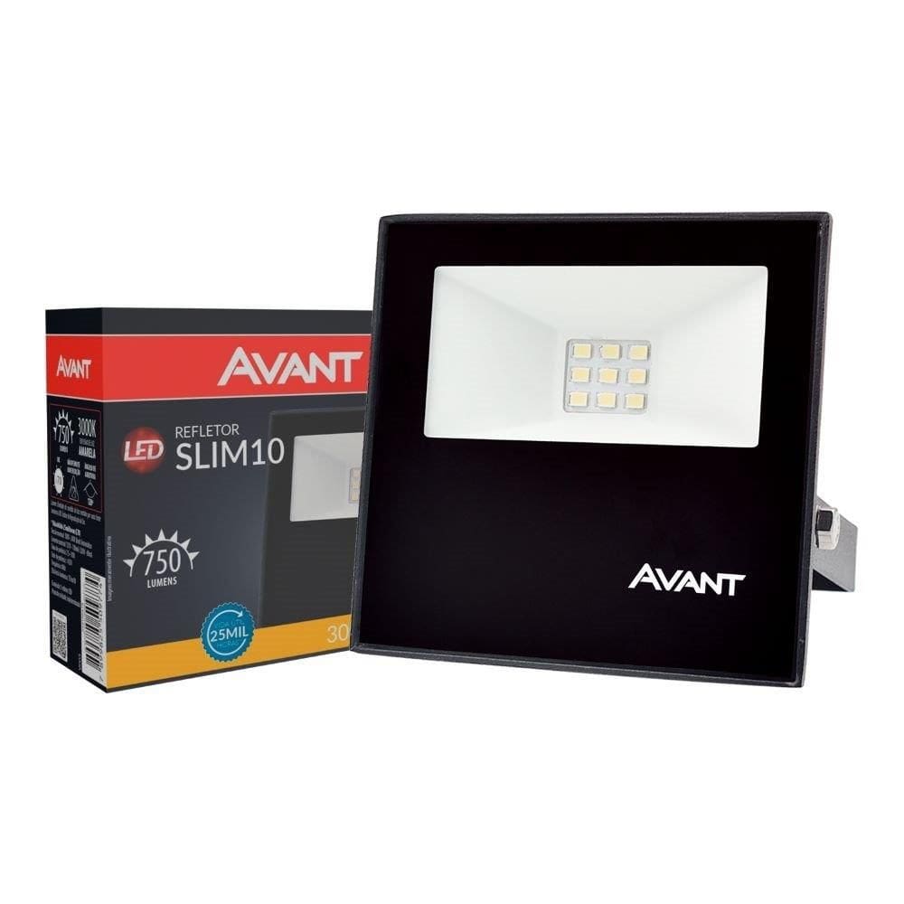 Refletor LED Avant Slim Amarelo 3000k 750 Lúmens - 10W, Bivolt, Preto